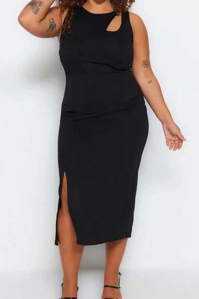 Moda Fit Gündüz Gece Krep Örme Bisiklet Yaka Kolsuz Kol Bodycone Midi Boy Büyük Beden Elbise