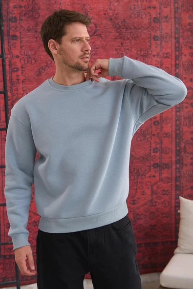 Erkek Oversize Uzun Kol Sıfır Yaka Sweatshırt-7095 - 2