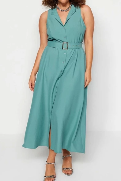 Moda Rahat Günlük Aerobin Dokuma Gömlek Yaka Kolsuz Kol Gömlek Elbise Maxi Boy Büyük Beden Elbise - Resim 5