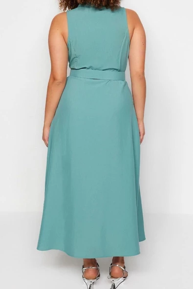 Moda Rahat Günlük Aerobin Dokuma Gömlek Yaka Kolsuz Kol Gömlek Elbise Maxi Boy Büyük Beden Elbise - Resim 6