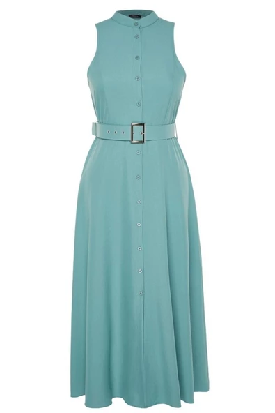 Moda Rahat Günlük Aerobin Dokuma Gömlek Yaka Kolsuz Kol Gömlek Elbise Maxi Boy Büyük Beden Elbise - Resim 7