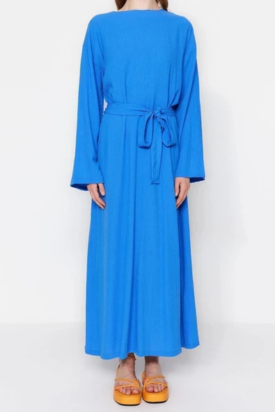 Moda Regular Casual Günlük Crinkle Dokuma Bisiklet Yaka Uzun Kol A-Line Maxi Boy Tesettür Elbise