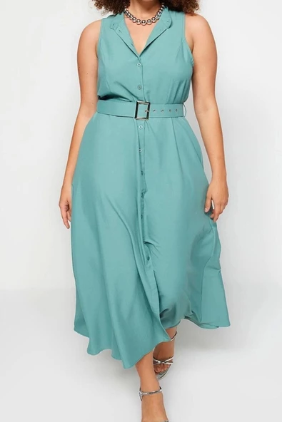 Moda Rahat Günlük Aerobin Dokuma Gömlek Yaka Kolsuz Kol Gömlek Elbise Maxi Boy Büyük Beden Elbise - Resim 3