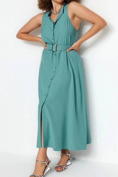 Moda Rahat Günlük Aerobin Dokuma Gömlek Yaka Kolsuz Kol Gömlek Elbise Maxi Boy Büyük Beden Elbise - Resim 2