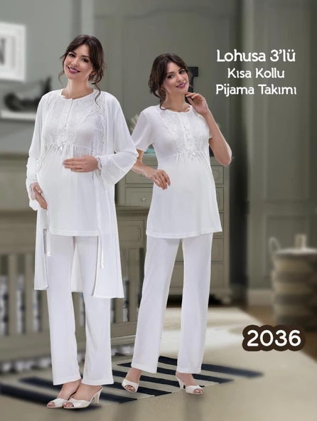 NEHİR 2036 Hamile Lohusa 3Lü Pijama Sabahlık Takım - 2