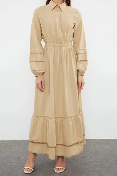 Moda Regular Casual Günlük Terrycotton Dokuma Gömlek Yaka Uzun Kol Basic Maxi Boy Tesettür Elbise