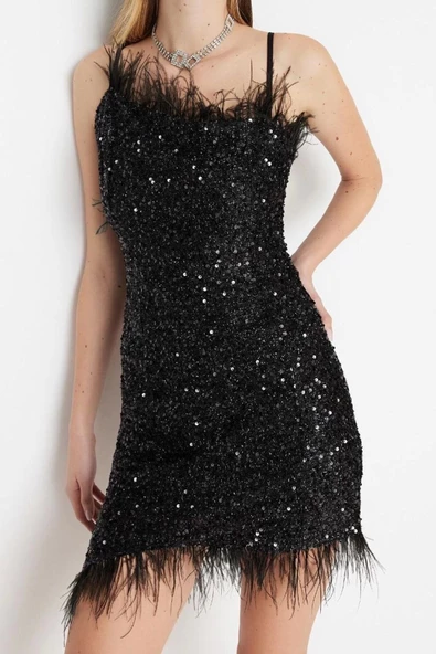 Moda Fit Mezuniyet Balo Payet Örme Kare Yaka Askılı Kol Bodycone Mini Boy Elbise - Resim 3