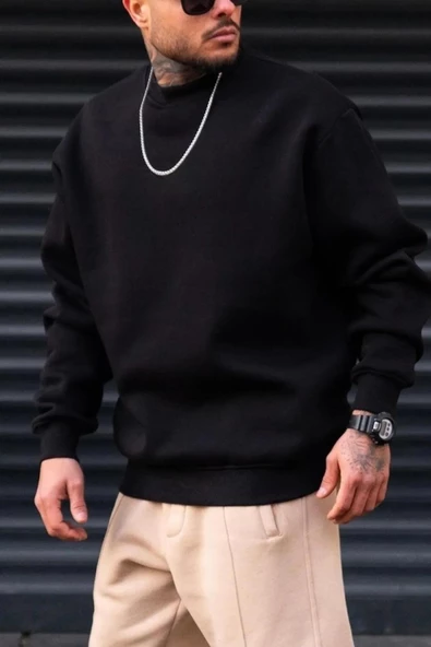 Erkek Oversize Uzun Kol Sıfır Yaka Sweatshırt-7098 - 2