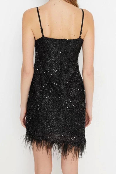 Moda Fit Mezuniyet Balo Payet Örme Kare Yaka Askılı Kol Bodycone Mini Boy Elbise - Resim 5