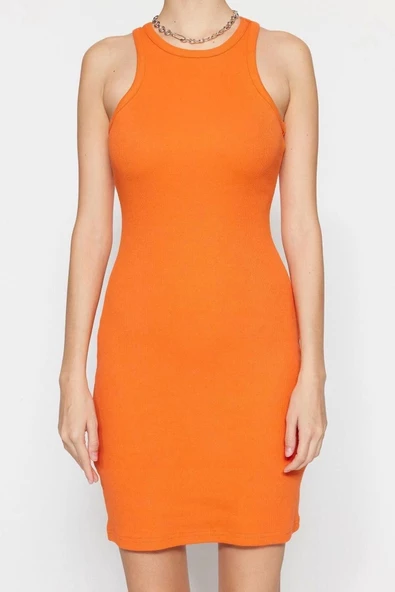 Moda Slim Casual Günlük Kaşkorse Örme Halter Yaka Kolsuz Kol Bodycone Mini Boy Elbise