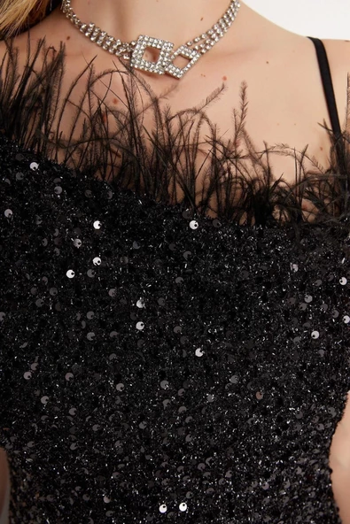 Moda Fit Mezuniyet Balo Payet Örme Kare Yaka Askılı Kol Bodycone Mini Boy Elbise - Resim 4