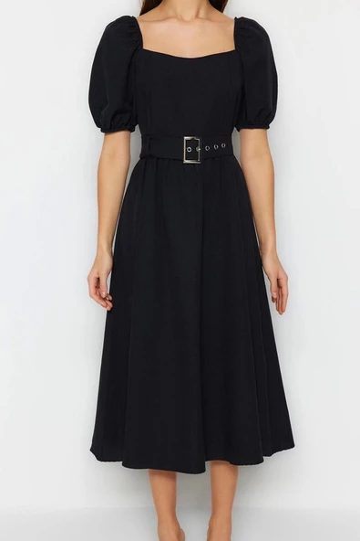 Moda Regular Casual Günlük Terrycotton Dokuma Kare Yaka Kısa Kol Skater Midi Boy Elbise - Resim 4