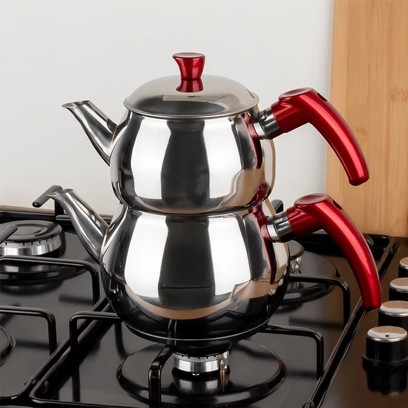 Porsima 3NO Dayanıklı Orta Boy Paslanmaz Çelik Çaydanlık 0.90+1.50LT Çaydanlık Takımı - 2