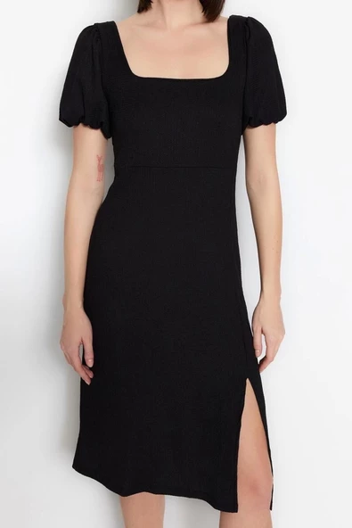 Moda Regular Casual Günlük Bürümcük Örme Kare Yaka Kısa Kol A-Line Midi Boy Elbise