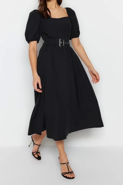 Moda Regular Casual Günlük Terrycotton Dokuma Kare Yaka Kısa Kol Skater Midi Boy Elbise - Resim 2