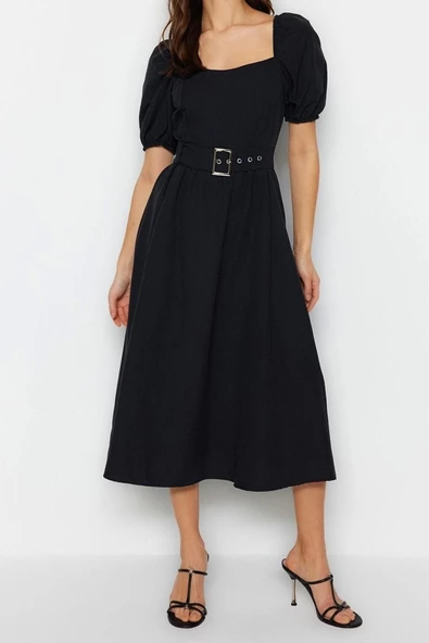 Moda Regular Casual Günlük Terrycotton Dokuma Kare Yaka Kısa Kol Skater Midi Boy Elbise - Resim 3