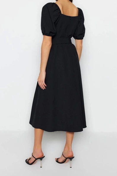 Moda Regular Casual Günlük Terrycotton Dokuma Kare Yaka Kısa Kol Skater Midi Boy Elbise - Resim 6