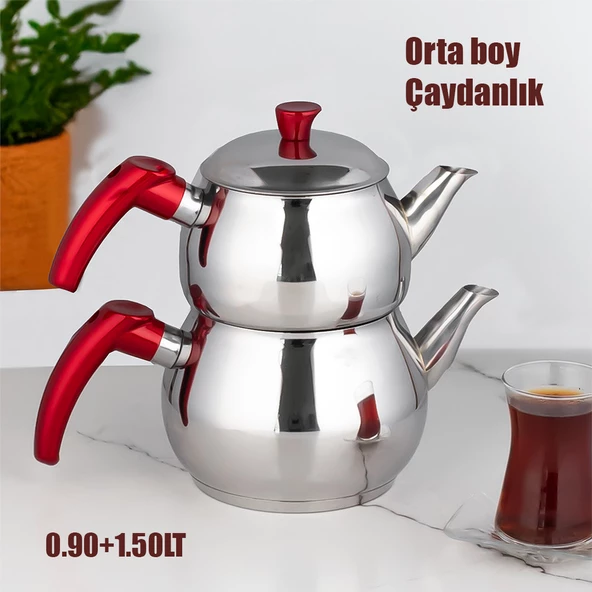 Porsima 3NO Dayanıklı Orta Boy Paslanmaz Çelik Çaydanlık 0.90+1.50LT Çaydanlık Takımı