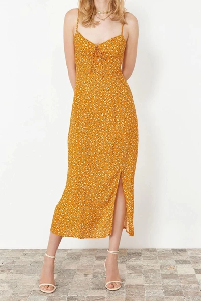 Moda Regular Casual Günlük Shally Dokuma V Yaka Askılı Kol A-Line Midi Boy Elbise - 2