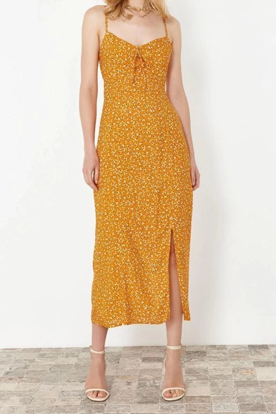 Moda Regular Casual Günlük Shally Dokuma V Yaka Askılı Kol A-Line Midi Boy Elbise - 3