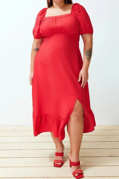 Moda Rahat Casual Günlük Shally Dokuma Kare Yaka Kısa Kol Eteği Fırfırlı Maxi Boy Büyük Beden Elbise - 4