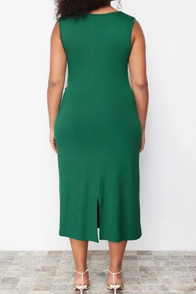 Moda Slim Casual Günlük Süprem Örme Bisiklet Yaka Kolsuz Kol Shift Midi Boy Büyük Beden Elbise - 5