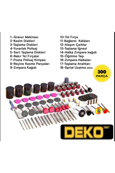 DEKO TURKEY 300 Parça 450 Watt 60.000 Rpm 6 Kademe Devir Ayarlı Hobi Gravür Setimini Taşlamadkt-450g - 5
