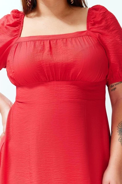 Moda Rahat Casual Günlük Shally Dokuma Kare Yaka Kısa Kol Eteği Fırfırlı Maxi Boy Büyük Beden Elbise - 5