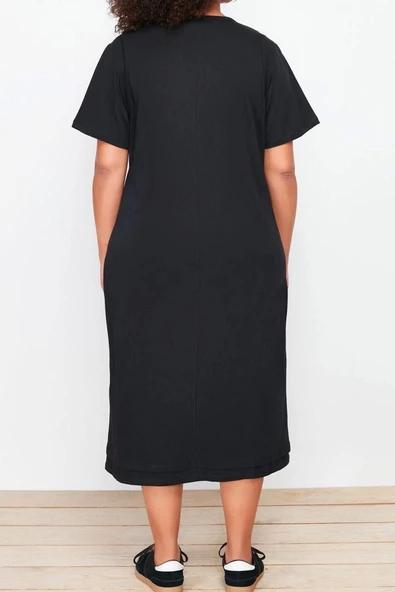 Moda Fit Casual Günlük Süprem Örme Bisiklet Yaka Kısa Kol T-Shirt Elbise Midi Boy Büyük Beden Elbise - Resim 6