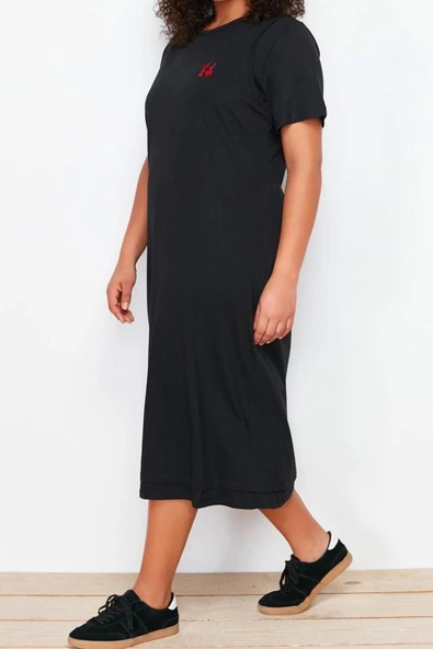 Moda Fit Casual Günlük Süprem Örme Bisiklet Yaka Kısa Kol T-Shirt Elbise Midi Boy Büyük Beden Elbise - Resim 2