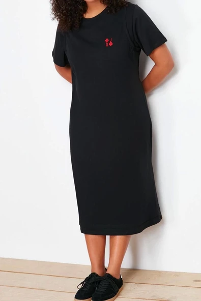 Moda Fit Casual Günlük Süprem Örme Bisiklet Yaka Kısa Kol T-Shirt Elbise Midi Boy Büyük Beden Elbise - Resim 4