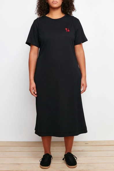 Moda Fit Casual Günlük Süprem Örme Bisiklet Yaka Kısa Kol T-Shirt Elbise Midi Boy Büyük Beden Elbise - Resim 7