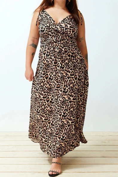 Moda Fit Casual Günlük Shally Dokuma Kruvaze Askılı Kol A-Line Maxi Boy Büyük Beden Elbise