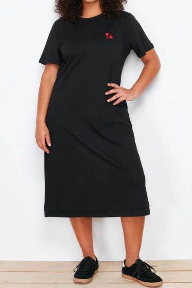 Moda Fit Casual Günlük Süprem Örme Bisiklet Yaka Kısa Kol T-Shirt Elbise Midi Boy Büyük Beden Elbise - Resim 5