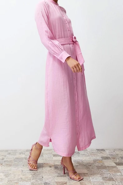 Moda Regular Casual Günlük Müslin Dokuma Bisiklet Yaka Uzun Kol Shift Maxi Boy Tesettür Elbise - 4