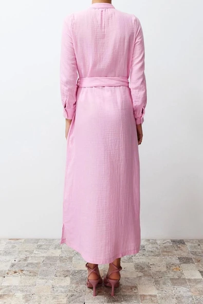 Moda Regular Casual Günlük Müslin Dokuma Bisiklet Yaka Uzun Kol Shift Maxi Boy Tesettür Elbise - 6