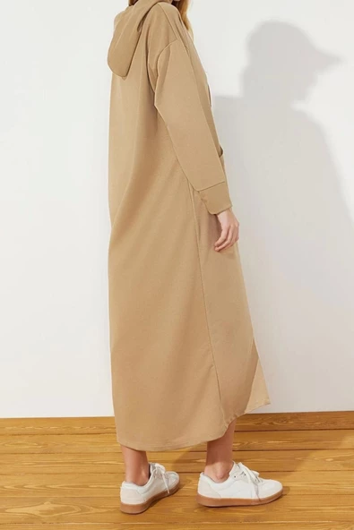 Moda Regular Casual Günlük 2 İplik Örme Kapüşonlu Uzun Kol Basic Maxi Boy Tesettür Elbise - Resim 5