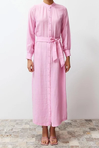 Moda Regular Casual Günlük Müslin Dokuma Bisiklet Yaka Uzun Kol Shift Maxi Boy Tesettür Elbise - 7