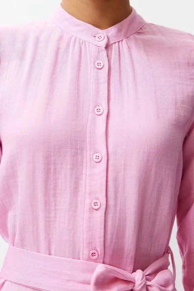 Moda Regular Casual Günlük Müslin Dokuma Bisiklet Yaka Uzun Kol Shift Maxi Boy Tesettür Elbise - 5