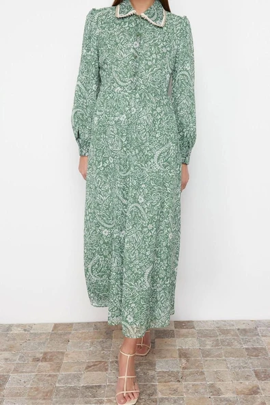 Moda Regular Şık Abiye Gece Şifon Dokuma Gömlek Yaka Uzun Kol A-Line Maxi Boy Tesettür Elbise - Resim 2