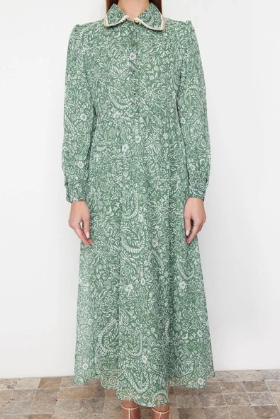 Moda Regular Şık Abiye Gece Şifon Dokuma Gömlek Yaka Uzun Kol A-Line Maxi Boy Tesettür Elbise - Resim 5