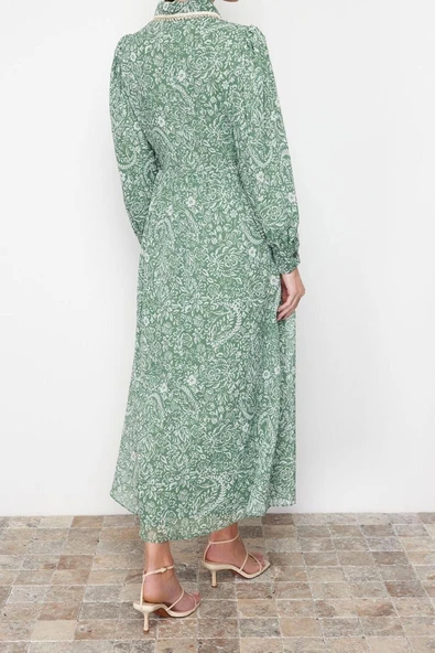 Moda Regular Şık Abiye Gece Şifon Dokuma Gömlek Yaka Uzun Kol A-Line Maxi Boy Tesettür Elbise - Resim 4