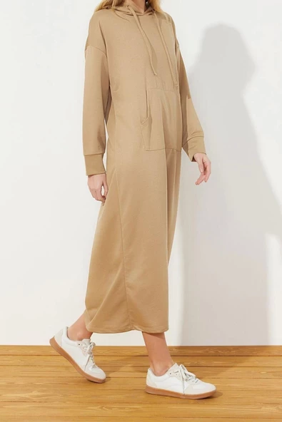 Moda Regular Casual Günlük 2 İplik Örme Kapüşonlu Uzun Kol Basic Maxi Boy Tesettür Elbise - Resim 3