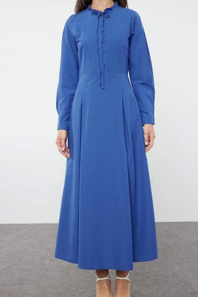 Moda Regular Casual Günlük Poplin Dokuma Dik Yaka Uzun Kol A-Line Maxi Boy Tesettür Elbise