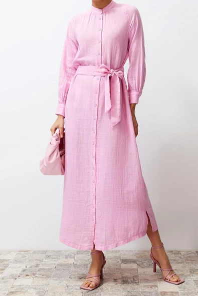 Moda Regular Casual Günlük Müslin Dokuma Bisiklet Yaka Uzun Kol Shift Maxi Boy Tesettür Elbise - 3