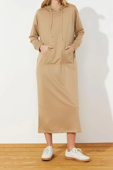 Moda Regular Casual Günlük 2 İplik Örme Kapüşonlu Uzun Kol Basic Maxi Boy Tesettür Elbise - Resim 2