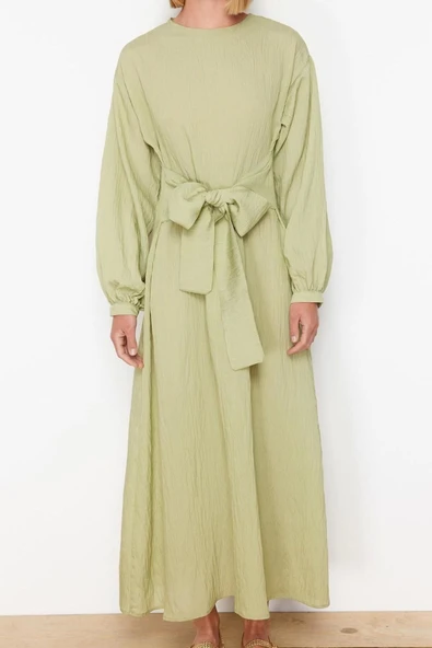 Moda Regular Casual Günlük Crinkle Dokuma Bisiklet Yaka Uzun Kol Shift Maxi Boy Tesettür Elbise