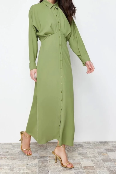 Moda Regular Günlük Jessica Dokuma Gömlek Yaka Uzun Kol Gömlek Elbise Maxi Boy Tesettür Elbise - 4