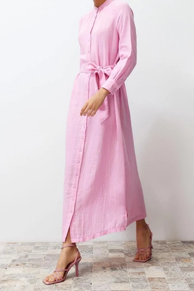 Moda Regular Casual Günlük Müslin Dokuma Bisiklet Yaka Uzun Kol Shift Maxi Boy Tesettür Elbise - 2