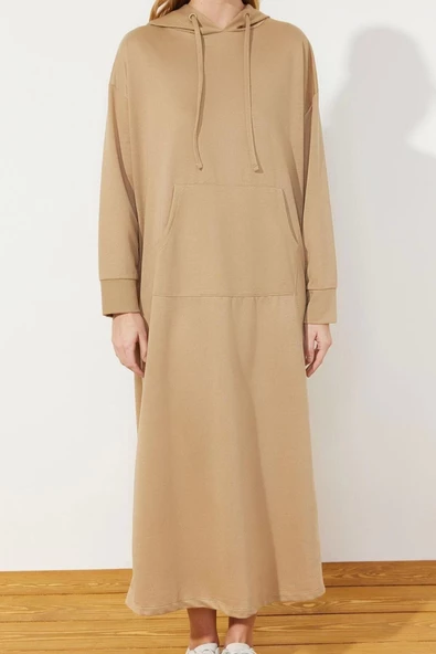 Moda Regular Casual Günlük 2 İplik Örme Kapüşonlu Uzun Kol Basic Maxi Boy Tesettür Elbise - Resim 7